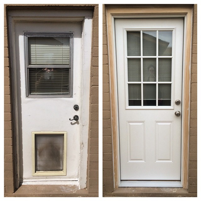 View from outside. We need to paint the exterior trim but even unfinished it looks SO much better- not to mention so much more secure and weatherproof. It leaked water like crazy and our laundry room was always so hot since the original door was actually an interior door! #renovation #beforeandafter #homeremodel #homeowner #homeimprovement #remodeling #homeimprovement #lowes #remodelbeforeandafter