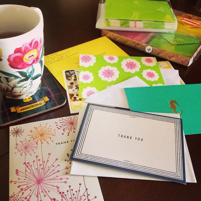 Tea and thank you cards :) It's amazing how impactful a handwritten thank you note goes in your professional life (and personal of course). It's a lost art! I buy boxes of cute note cards when they're on sale and have amassed a pretty impressive collection over the years- it makes me happy picking a card that I think someone would like ️